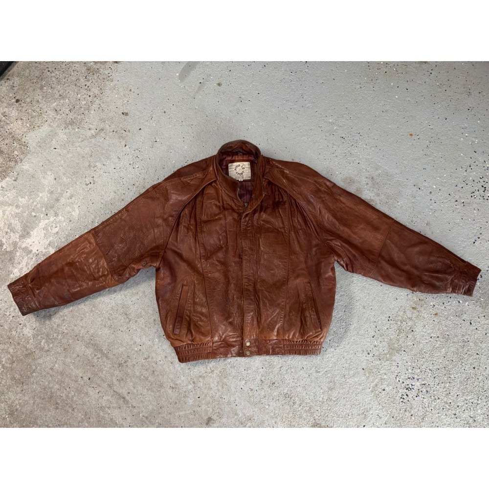 Vintage Pour Le Sport Brown Leather Bomber Jacket Mens Size‎ 40 Oversized 90s
